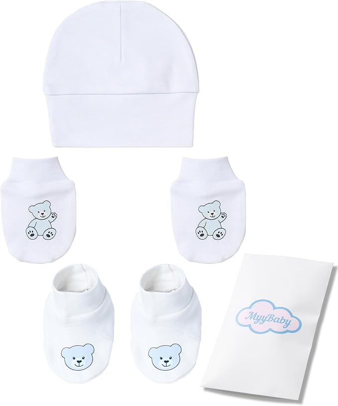 Neugeborenen Mütze, Fäustlinge & Füßlinge, 100% Bio-Baumwolle OEKO-TEX STANDARD 100, Erstausstattung Premium Qualität, 3-teiliges Baby Geschenkset für Jungs