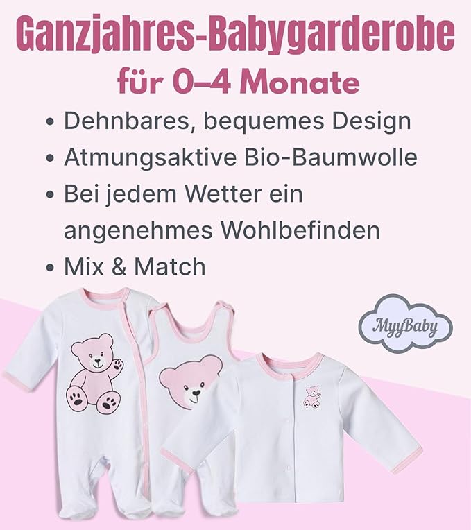 Neugeborenen Set, 100% Bio-Baumwolle OEKO-TEX STANDARD 100, Strampler-langärmelig, Strampler-ärmellos, Cardigan, Erstausstattung Baby Kleidung, 3-teiliges Geschenkset, 0-4 Monate, für Mädchen