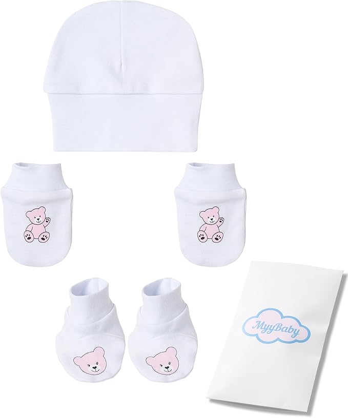 Neugeborenen Mütze, Fäustlinge & Füßlinge, 100% Bio-Baumwolle OEKO-TEX STANDARD 100, Erstausstattung Premium Qualität, 3-teiliges Baby Geschenkset für Mädchen