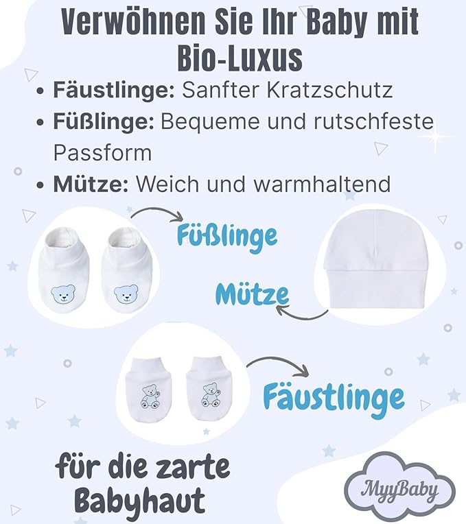 Neugeborenen Mütze, Fäustlinge & Füßlinge, 100% Bio-Baumwolle OEKO-TEX STANDARD 100, Erstausstattung Premium Qualität, 3-teiliges Baby Geschenkset für Jungs