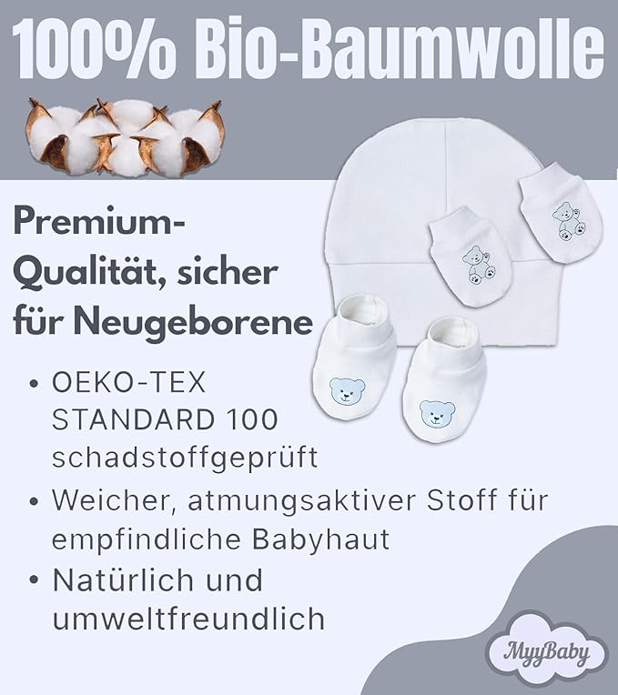 Neugeborenen Mütze, Fäustlinge & Füßlinge, 100% Bio-Baumwolle OEKO-TEX STANDARD 100, Erstausstattung Premium Qualität, 3-teiliges Baby Geschenkset für Jungs