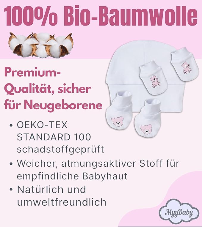 Neugeborenen Mütze, Fäustlinge & Füßlinge, 100% Bio-Baumwolle OEKO-TEX STANDARD 100, Erstausstattung Premium Qualität, 3-teiliges Baby Geschenkset für Mädchen