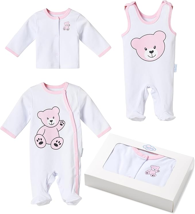 Neugeborenen Set, 100% Bio-Baumwolle OEKO-TEX STANDARD 100, Strampler-langärmelig, Strampler-ärmellos, Cardigan, Erstausstattung Baby Kleidung, 3-teiliges Geschenkset, 0-4 Monate, für Mädchen