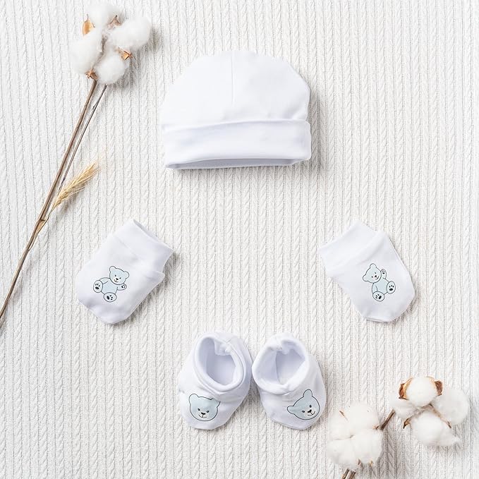 Neugeborenen Mütze, Fäustlinge & Füßlinge, 100% Bio-Baumwolle OEKO-TEX STANDARD 100, Erstausstattung Premium Qualität, 3-teiliges Baby Geschenkset für Jungs