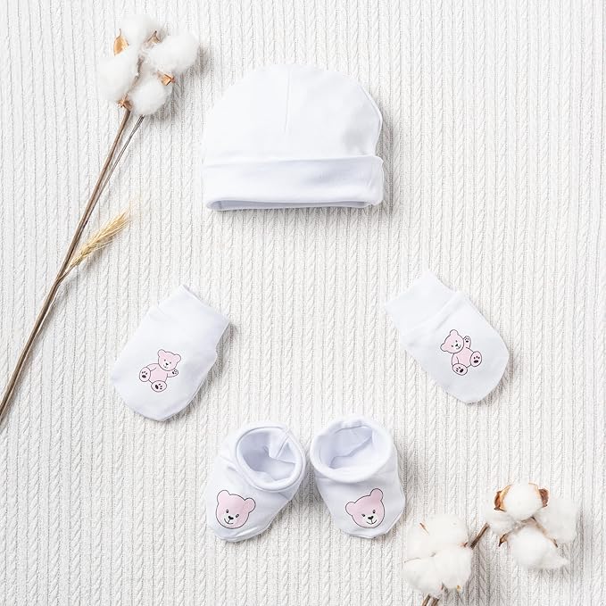 Neugeborenen Mütze, Fäustlinge & Füßlinge, 100% Bio-Baumwolle OEKO-TEX STANDARD 100, Erstausstattung Premium Qualität, 3-teiliges Baby Geschenkset für Mädchen