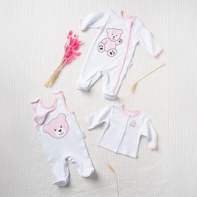 Neugeborenen Set, 100% Bio-Baumwolle OEKO-TEX STANDARD 100, Strampler-langärmelig, Strampler-ärmellos, Cardigan, Erstausstattung Baby Kleidung, 3-teiliges Geschenkset, 0-4 Monate, für Mädchen