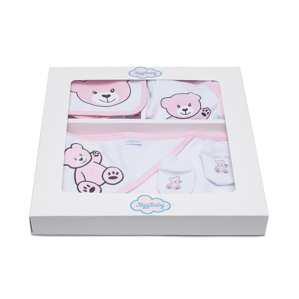 13-teiliges Baby Geschenkset für die Erstausstattung bestehend aus Mütze, Fäustlinge, Füßlinge, Lätzchen, Spucktuch, Strampler, Strampler ärmellos, Cardigan, Body langärmlig, Body kurzärmlig, Kaputzenbadetuch, Waschhandschuh, Decke mit Schlaufe.  100% Bio-Baumwolle OEKO-TEX STANDARD 100. Premiumqualität. Für Mädchen