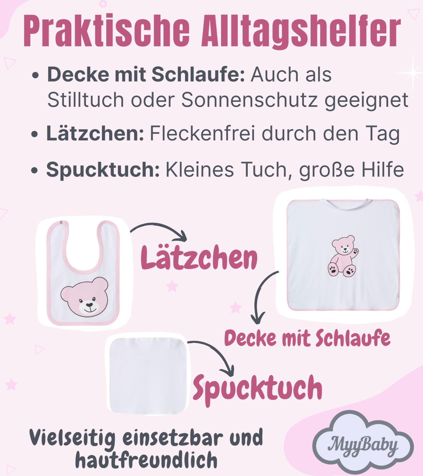 13-teiliges Baby Geschenkset für die Erstausstattung bestehend aus Mütze, Fäustlinge, Füßlinge, Lätzchen, Spucktuch, Strampler, Strampler ärmellos, Cardigan, Body langärmlig, Body kurzärmlig, Kaputzenbadetuch, Waschhandschuh, Decke mit Schlaufe.  100% Bio-Baumwolle OEKO-TEX STANDARD 100. Premiumqualität. Für Mädchen