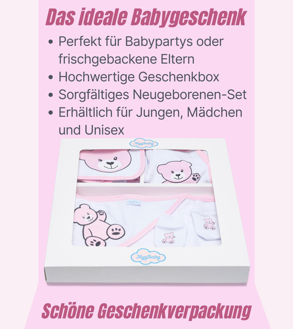 13-teiliges Baby Geschenkset für die Erstausstattung bestehend aus Mütze, Fäustlinge, Füßlinge, Lätzchen, Spucktuch, Strampler, Strampler ärmellos, Cardigan, Body langärmlig, Body kurzärmlig, Kaputzenbadetuch, Waschhandschuh, Decke mit Schlaufe.  100% Bio-Baumwolle OEKO-TEX STANDARD 100. Premiumqualität. Für Mädchen