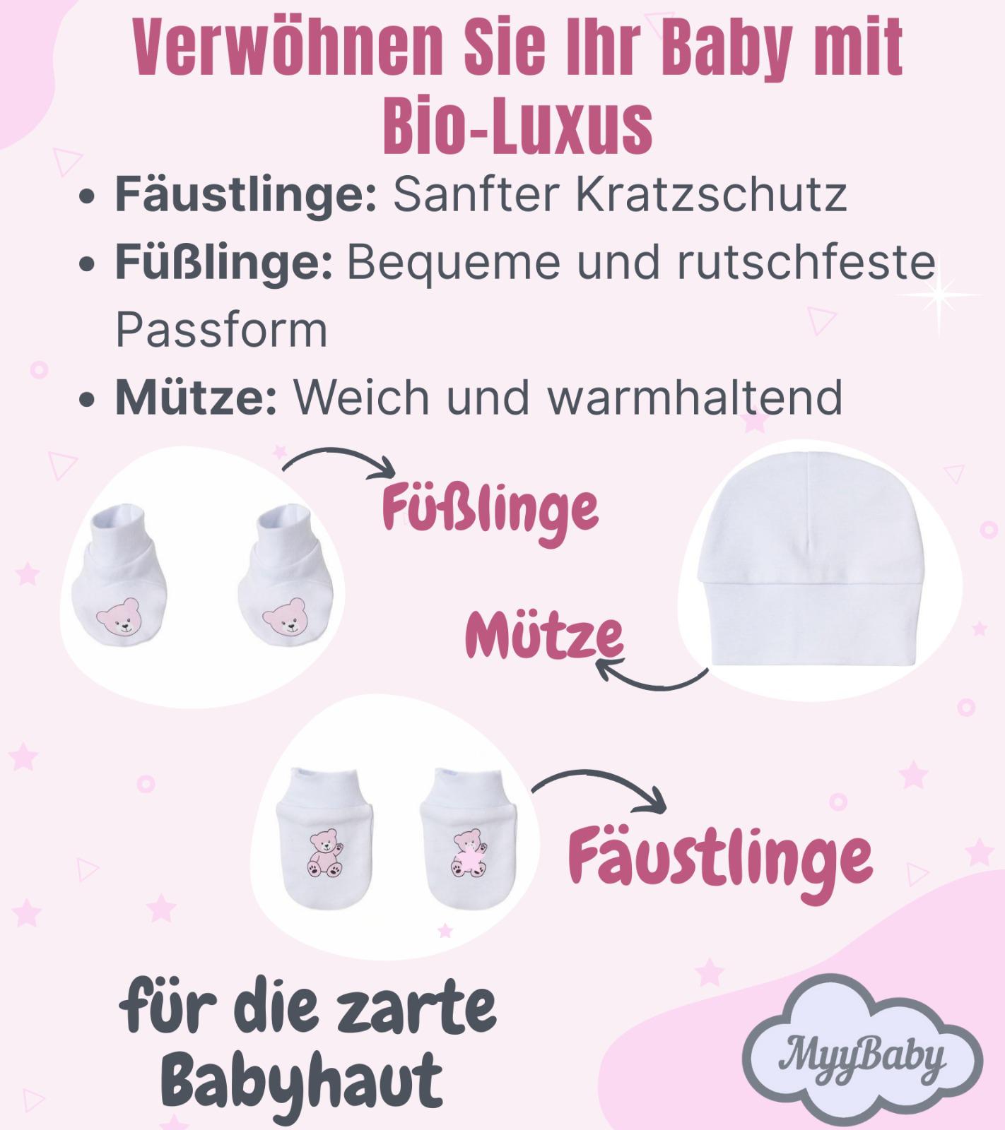 13-teiliges Baby Geschenkset für die Erstausstattung bestehend aus Mütze, Fäustlinge, Füßlinge, Lätzchen, Spucktuch, Strampler, Strampler ärmellos, Cardigan, Body langärmlig, Body kurzärmlig, Kaputzenbadetuch, Waschhandschuh, Decke mit Schlaufe.  100% Bio-Baumwolle OEKO-TEX STANDARD 100. Premiumqualität. Für Mädchen