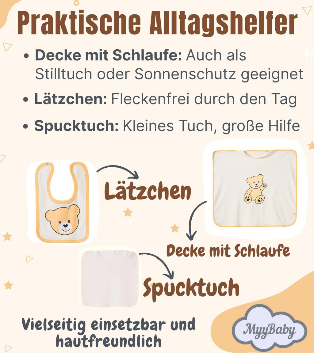 13-teiliges Baby Geschenkset für die Erstausstattung bestehend aus Mütze, Fäustlinge, Füßlinge, Lätzchen, Spucktuch, Strampler, Strampler ärmellos, Cardigan, Body langärmlig, Body kurzärmlig, Kaputzenbadetuch, Waschhandschuh, Decke mit Schlaufe.  100% Bio-Baumwolle OEKO-TEX STANDARD 100. Premiumqualität. Unisex