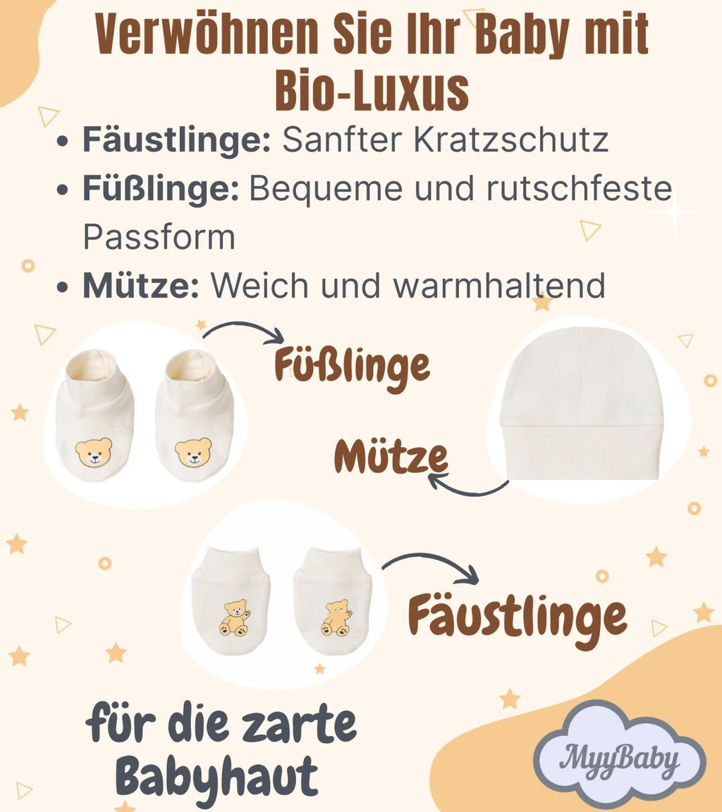 13-teiliges Baby Geschenkset für die Erstausstattung bestehend aus Mütze, Fäustlinge, Füßlinge, Lätzchen, Spucktuch, Strampler, Strampler ärmellos, Cardigan, Body langärmlig, Body kurzärmlig, Kaputzenbadetuch, Waschhandschuh, Decke mit Schlaufe.  100% Bio-Baumwolle OEKO-TEX STANDARD 100. Premiumqualität. Unisex
