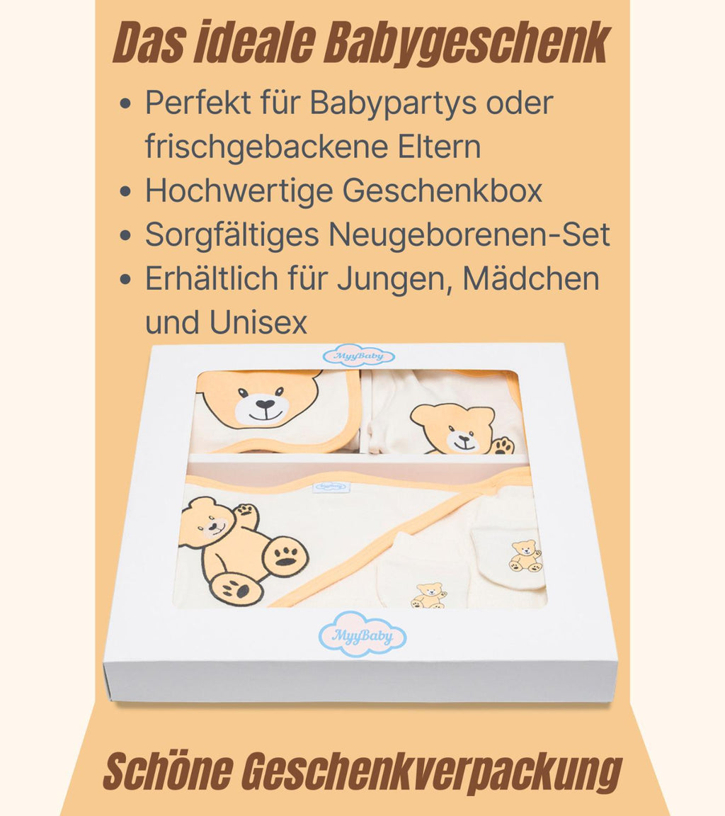 13-teiliges Baby Geschenkset für die Erstausstattung bestehend aus Mütze, Fäustlinge, Füßlinge, Lätzchen, Spucktuch, Strampler, Strampler ärmellos, Cardigan, Body langärmlig, Body kurzärmlig, Kaputzenbadetuch, Waschhandschuh, Decke mit Schlaufe.  100% Bio-Baumwolle OEKO-TEX STANDARD 100. Premiumqualität. Unisex
