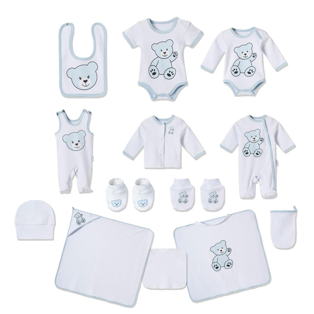 13-teiliges Baby Geschenkset für die Erstausstattung bestehend aus Mütze, Fäustlinge, Füßlinge, Lätzchen, Spucktuch, Strampler, Strampler ärmellos, Cardigan, Body langärmlig, Body kurzärmlig, Kaputzenbadetuch, Waschhandschuh, Decke mit Schlaufe.  100% Bio-Baumwolle OEKO-TEX STANDARD 100. Premiumqualität. Für Jungs