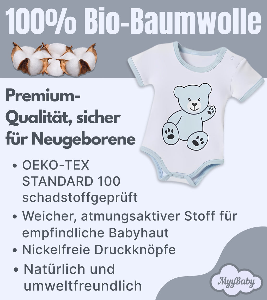 13-teiliges Baby Geschenkset für die Erstausstattung bestehend aus Mütze, Fäustlinge, Füßlinge, Lätzchen, Spucktuch, Strampler, Strampler ärmellos, Cardigan, Body langärmlig, Body kurzärmlig, Kaputzenbadetuch, Waschhandschuh, Decke mit Schlaufe.  100% Bio-Baumwolle OEKO-TEX STANDARD 100. Premiumqualität. Für Jungs
