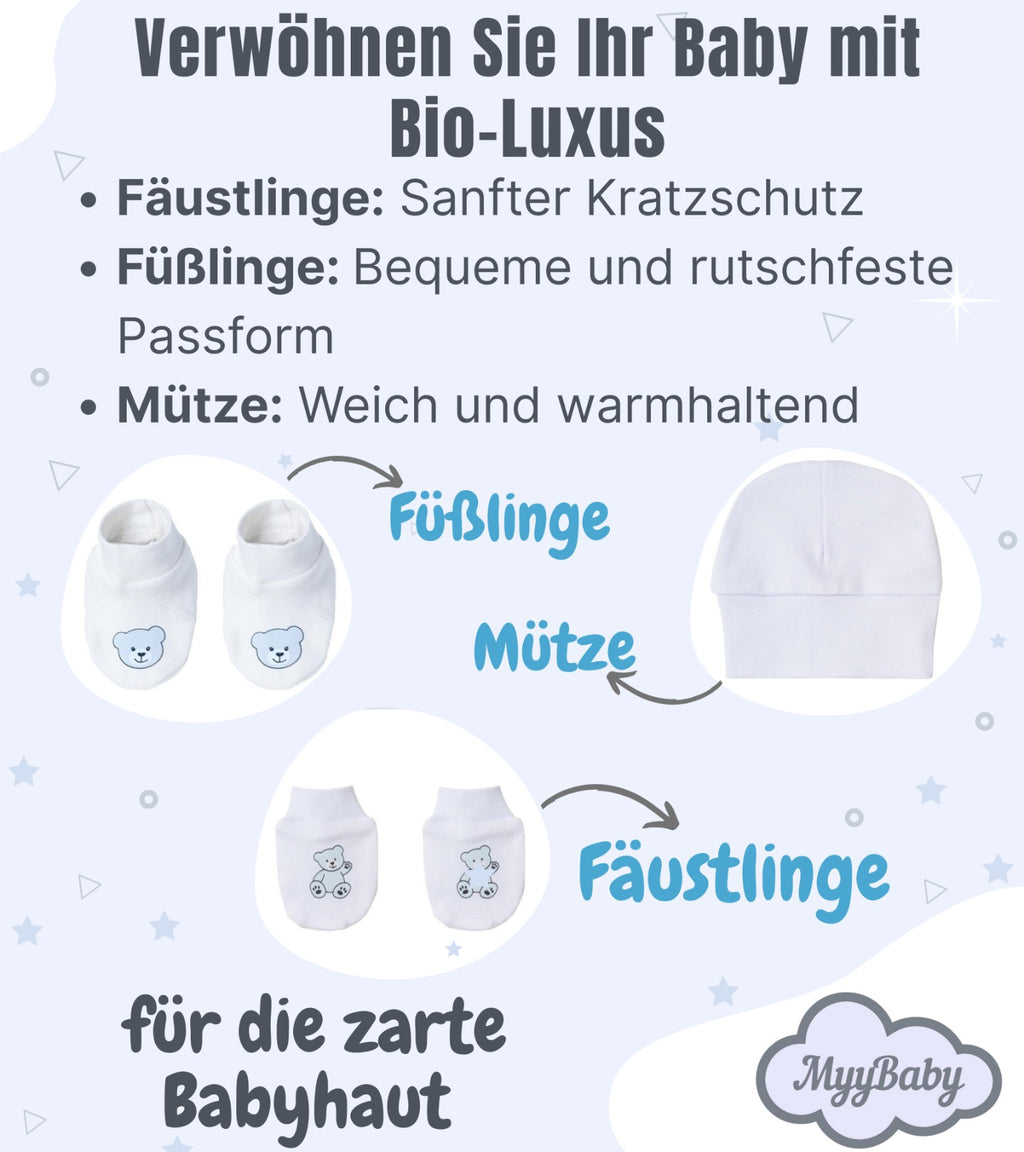 13-teiliges Baby Geschenkset für die Erstausstattung bestehend aus Mütze, Fäustlinge, Füßlinge, Lätzchen, Spucktuch, Strampler, Strampler ärmellos, Cardigan, Body langärmlig, Body kurzärmlig, Kaputzenbadetuch, Waschhandschuh, Decke mit Schlaufe.  100% Bio-Baumwolle OEKO-TEX STANDARD 100. Premiumqualität. Für Jungs