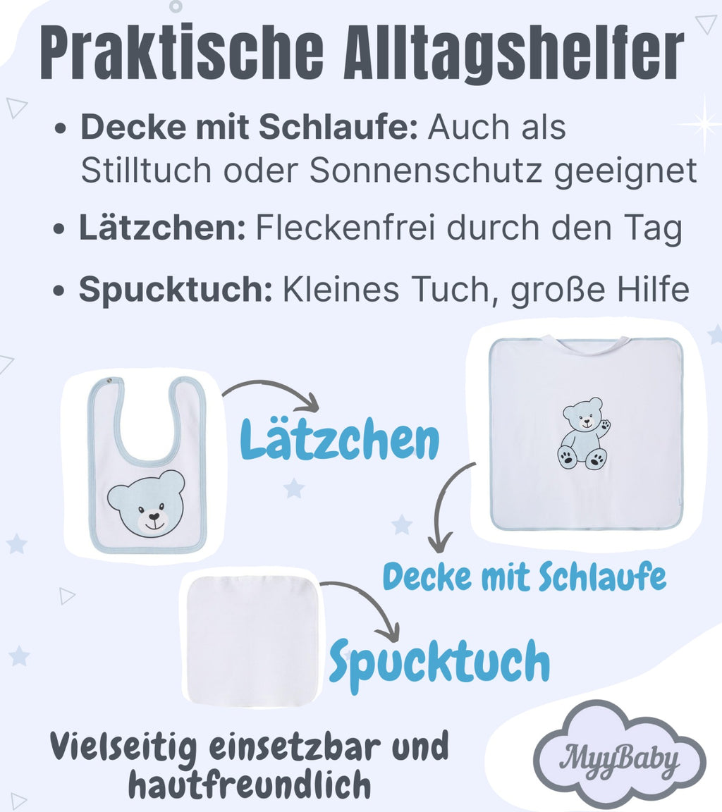 13-teiliges Baby Geschenkset für die Erstausstattung bestehend aus Mütze, Fäustlinge, Füßlinge, Lätzchen, Spucktuch, Strampler, Strampler ärmellos, Cardigan, Body langärmlig, Body kurzärmlig, Kaputzenbadetuch, Waschhandschuh, Decke mit Schlaufe.  100% Bio-Baumwolle OEKO-TEX STANDARD 100. Premiumqualität. Für Jungs