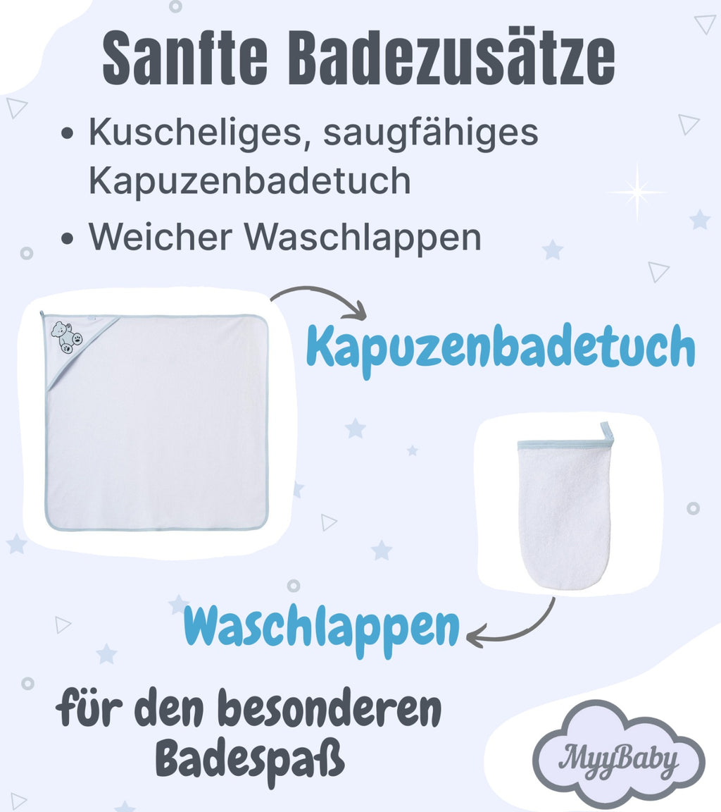 13-teiliges Baby Geschenkset für die Erstausstattung bestehend aus Mütze, Fäustlinge, Füßlinge, Lätzchen, Spucktuch, Strampler, Strampler ärmellos, Cardigan, Body langärmlig, Body kurzärmlig, Kaputzenbadetuch, Waschhandschuh, Decke mit Schlaufe.  100% Bio-Baumwolle OEKO-TEX STANDARD 100. Premiumqualität. Für Jungs