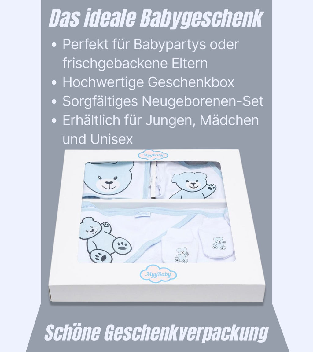 13-teiliges Baby Geschenkset für die Erstausstattung bestehend aus Mütze, Fäustlinge, Füßlinge, Lätzchen, Spucktuch, Strampler, Strampler ärmellos, Cardigan, Body langärmlig, Body kurzärmlig, Kaputzenbadetuch, Waschhandschuh, Decke mit Schlaufe.  100% Bio-Baumwolle OEKO-TEX STANDARD 100. Premiumqualität. Für Jungs
