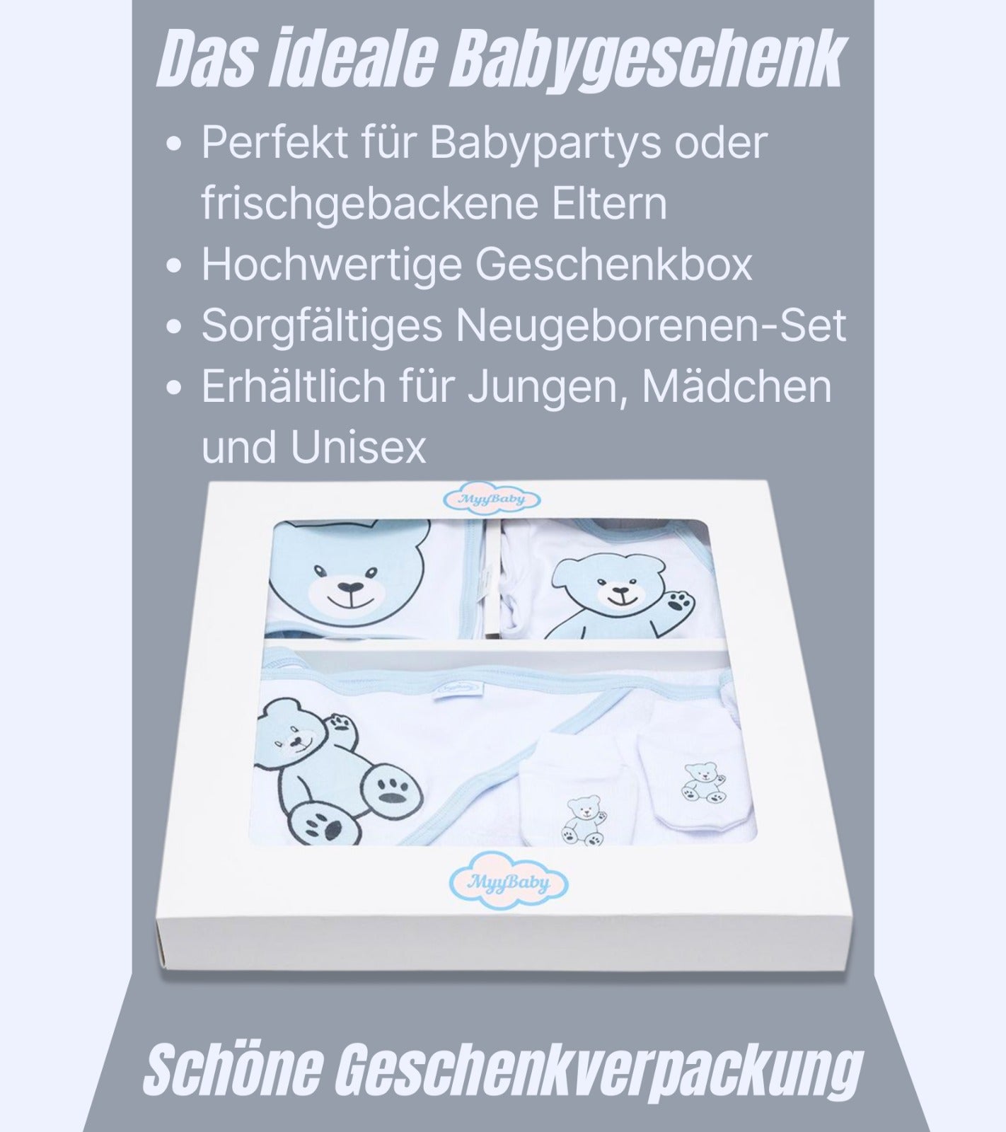 13-teiliges Baby Geschenkset für die Erstausstattung bestehend aus Mütze, Fäustlinge, Füßlinge, Lätzchen, Spucktuch, Strampler, Strampler ärmellos, Cardigan, Body langärmlig, Body kurzärmlig, Kaputzenbadetuch, Waschhandschuh, Decke mit Schlaufe.  100% Bio-Baumwolle OEKO-TEX STANDARD 100. Premiumqualität. Für Jungs