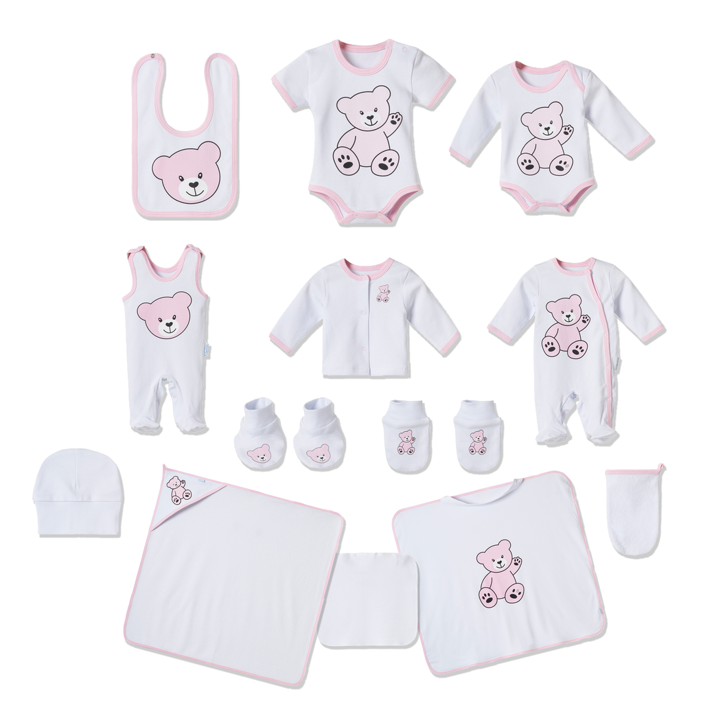 13-teiliges Baby Geschenkset für die Erstausstattung bestehend aus Mütze, Fäustlinge, Füßlinge, Lätzchen, Spucktuch, Strampler, Strampler ärmellos, Cardigan, Body langärmlig, Body kurzärmlig, Kaputzenbadetuch, Waschhandschuh, Decke mit Schlaufe.  100% Bio-Baumwolle OEKO-TEX STANDARD 100. Premiumqualität. Für Mädchen
