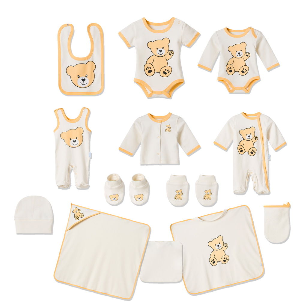 13-teiliges Baby Geschenkset für die Erstausstattung bestehend aus Mütze, Fäustlinge, Füßlinge, Lätzchen, Spucktuch, Strampler, Strampler ärmellos, Cardigan, Body langärmlig, Body kurzärmlig, Kaputzenbadetuch, Waschhandschuh, Decke mit Schlaufe.  100% Bio-Baumwolle OEKO-TEX STANDARD 100. Premiumqualität. Unisex
