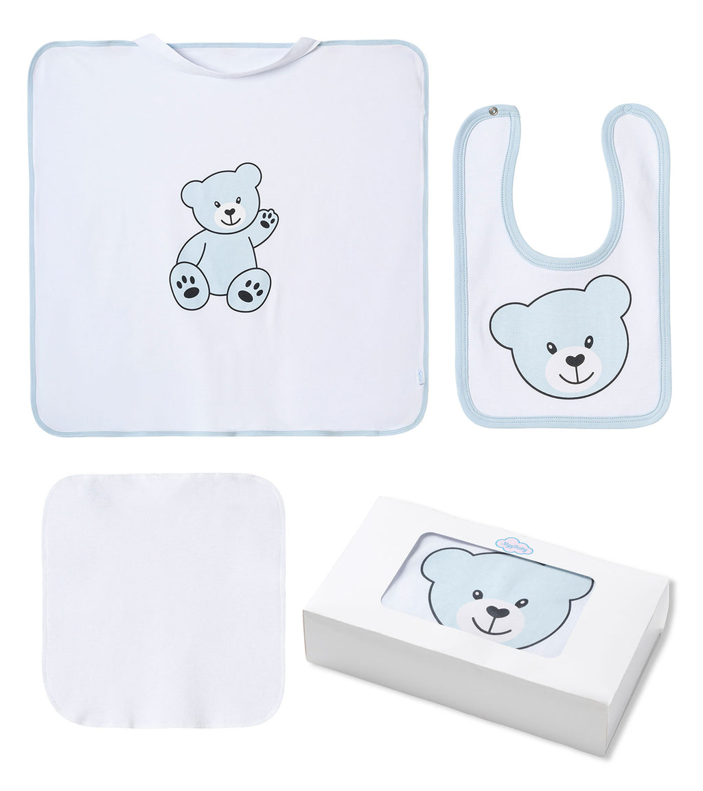 Neugeborenen Set, 3-Teilig, Decke  80x80 cm mit Lätzchen und Spucktuch – 100% Bio-Baumwolle, für Jungs