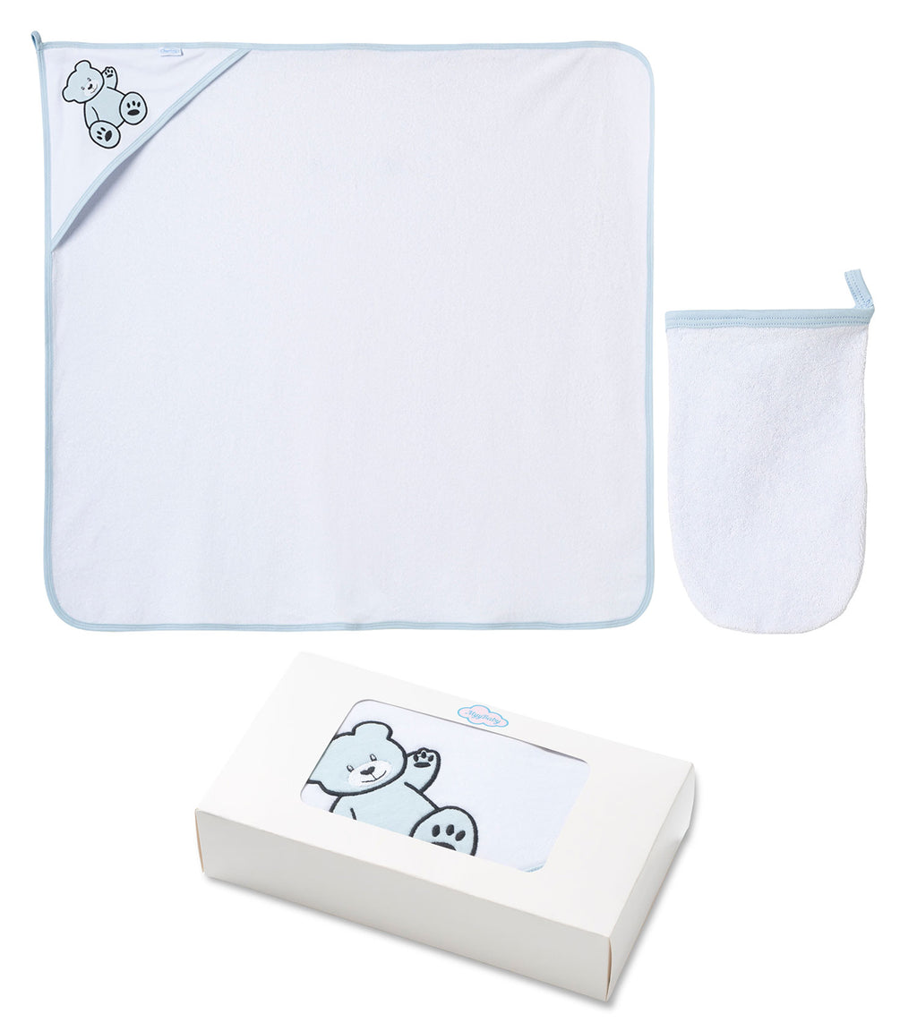 Neugeborenen Bade-Set mit Kapuzenbadetuch und Waschandschuh – 100% Bio-Baumwolle, für Jungs