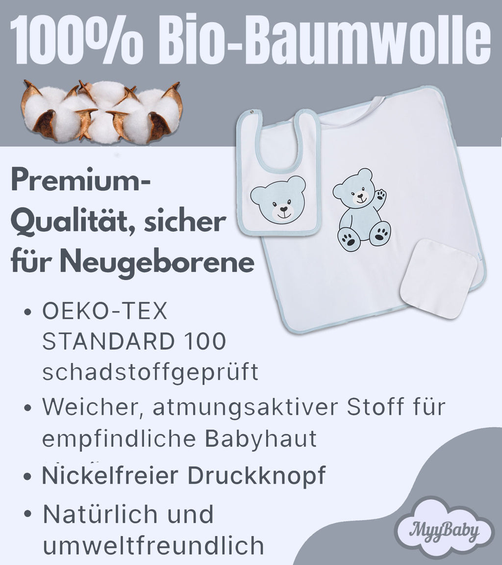Neugeborenen Set, 3-Teilig, Decke  80x80 cm mit Lätzchen und Spucktuch – 100% Bio-Baumwolle, für Jungs