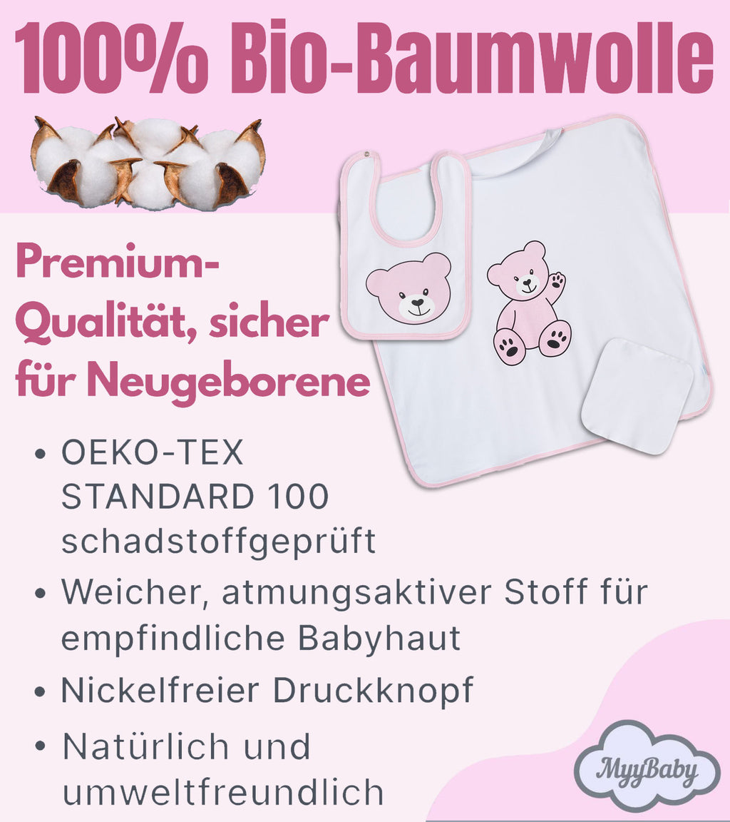 Neugeborenen Set, 3-Teilig, Decke  80x80 cm mit Lätzchen und Spucktuch – 100% Bio-Baumwolle, für Mädchen