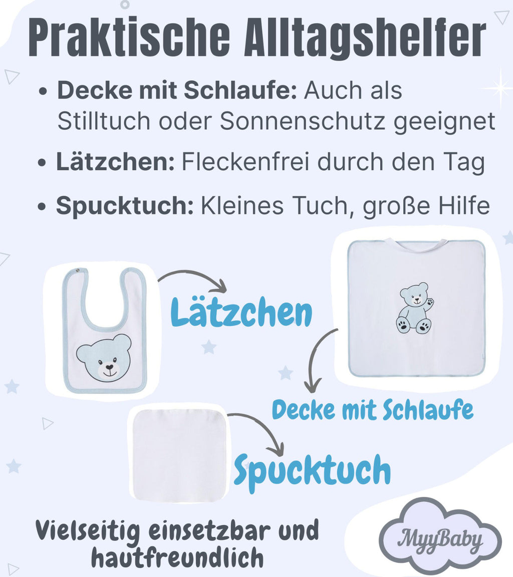 Neugeborenen Set, 3-Teilig, Decke  80x80 cm mit Lätzchen und Spucktuch – 100% Bio-Baumwolle, für Jungs
