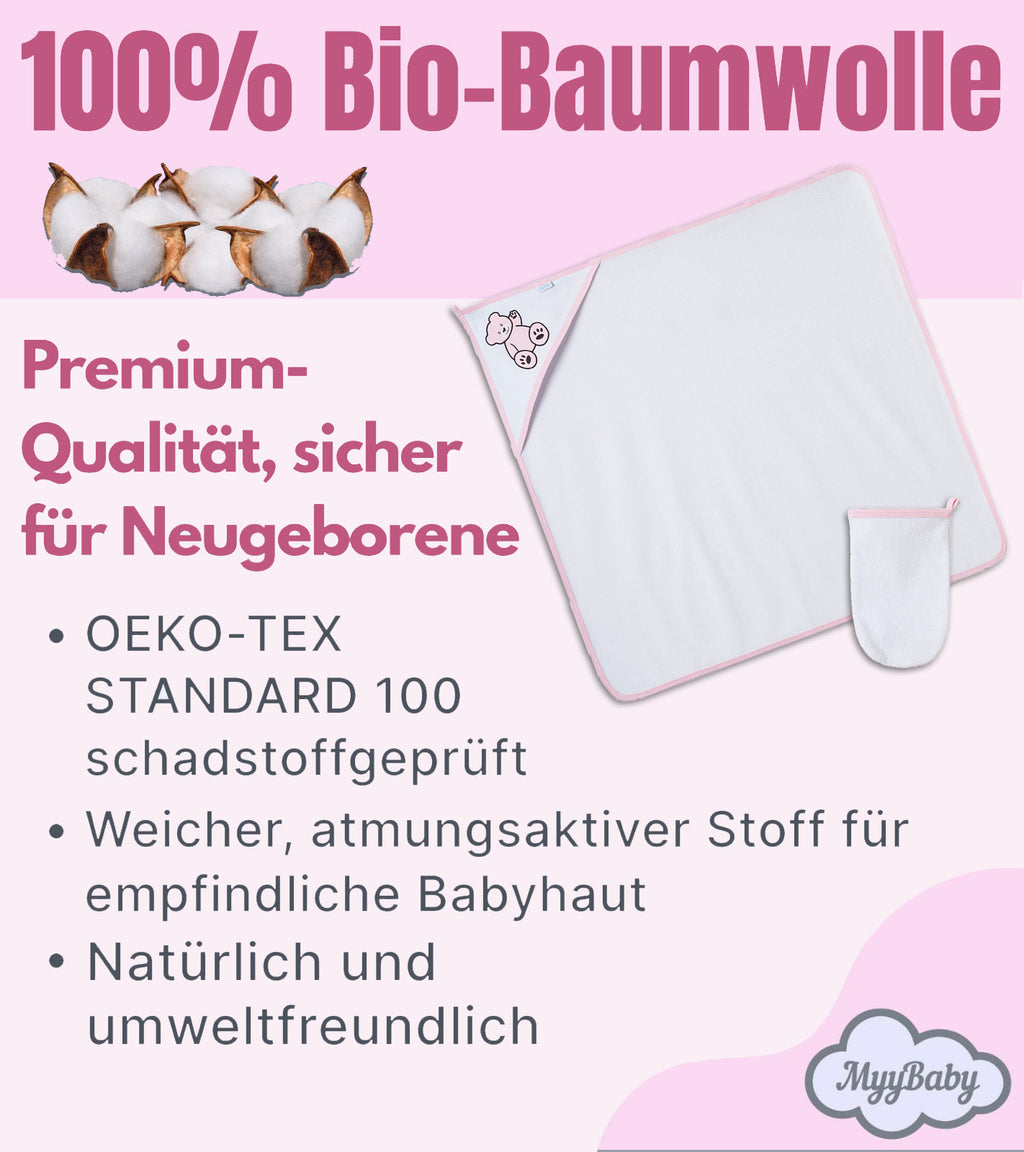 Neugeborenen Bade-Set mit Kapuzenbadetuch und Waschandschuh – 100% Bio-Baumwolle, für Mädchen