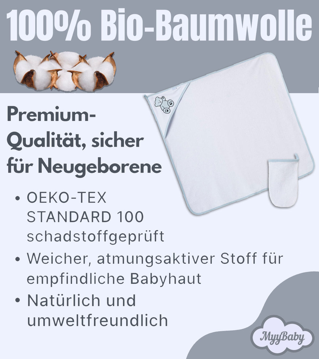 Neugeborenen Bade-Set mit Kapuzenbadetuch und Waschandschuh – 100% Bio-Baumwolle, für Jungs