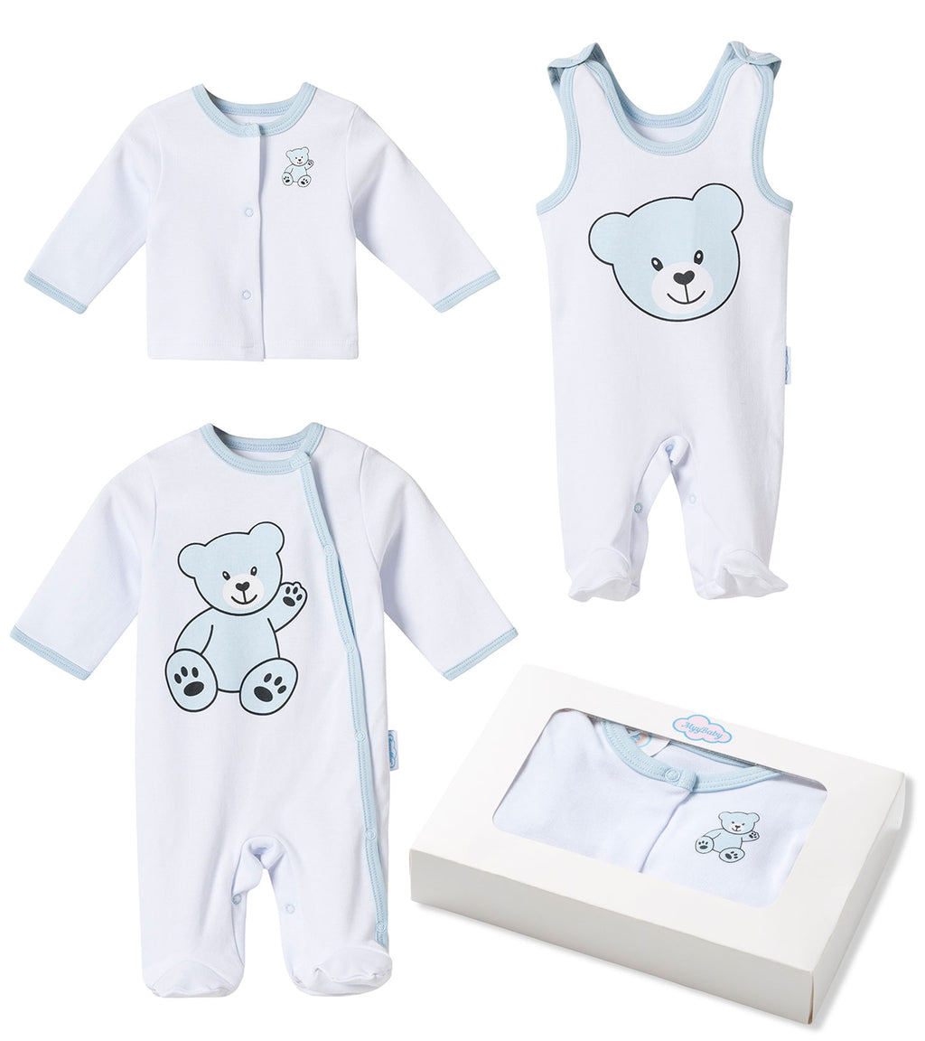 Neugeborenen Set, 100% Bio-Baumwolle OEKO-TEX STANDARD 100, Strampler-langärmelig, Strampler-ärmellos, Cardigan, Erstausstattung Baby Kleidung, 3-teiliges Geschenkset, 0-4 Monate, für Jungs