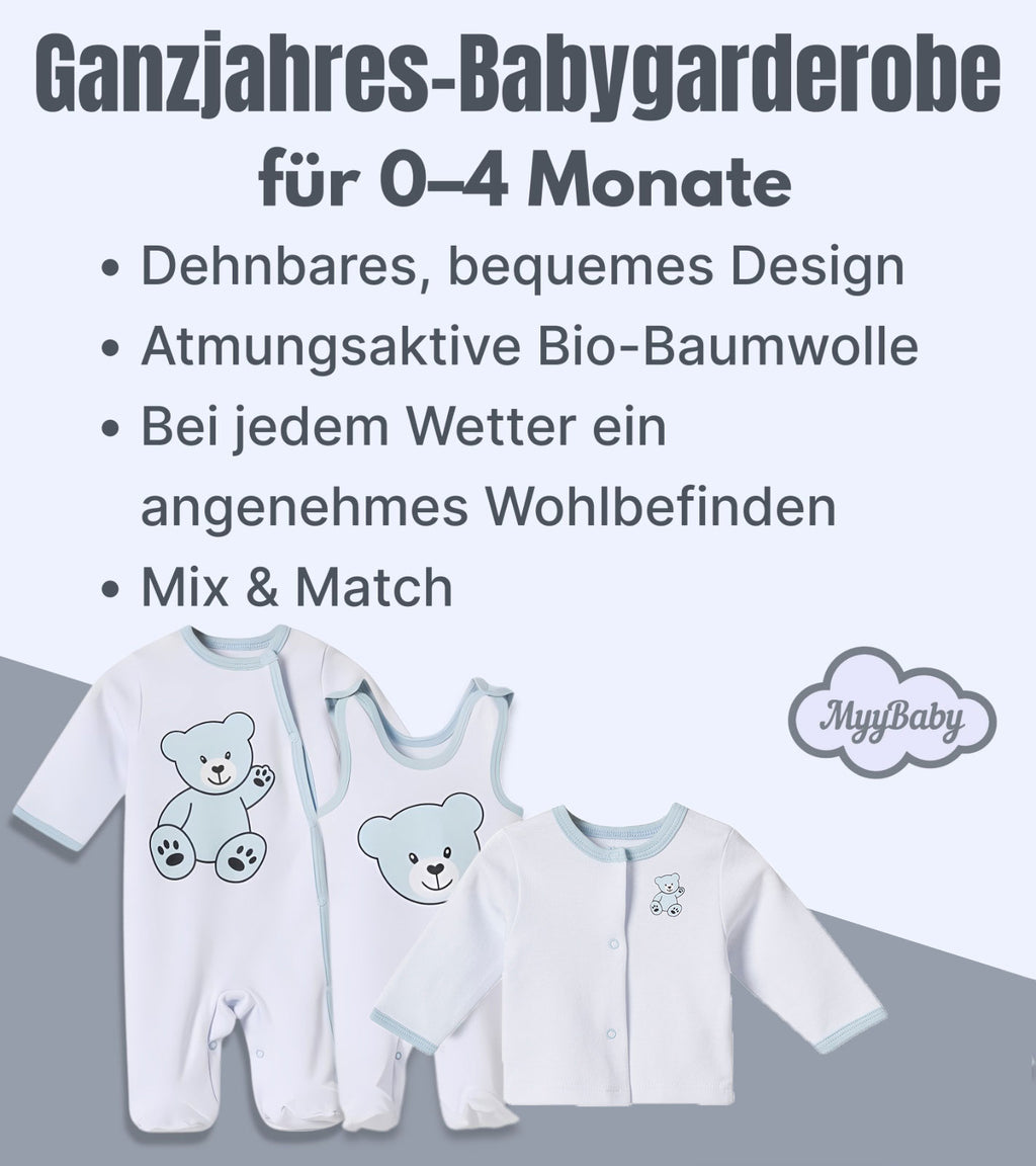 Neugeborenen Set, 100% Bio-Baumwolle OEKO-TEX STANDARD 100, Strampler-langärmelig, Strampler-ärmellos, Cardigan, Erstausstattung Baby Kleidung, 3-teiliges Geschenkset, 0-4 Monate, für Jungs