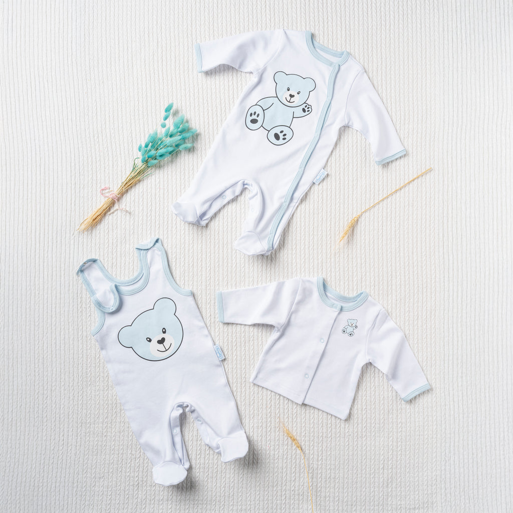 Neugeborenen Set, 100% Bio-Baumwolle OEKO-TEX STANDARD 100, Strampler-langärmelig, Strampler-ärmellos, Cardigan, Erstausstattung Baby Kleidung, 3-teiliges Geschenkset, 0-4 Monate, für Jungs